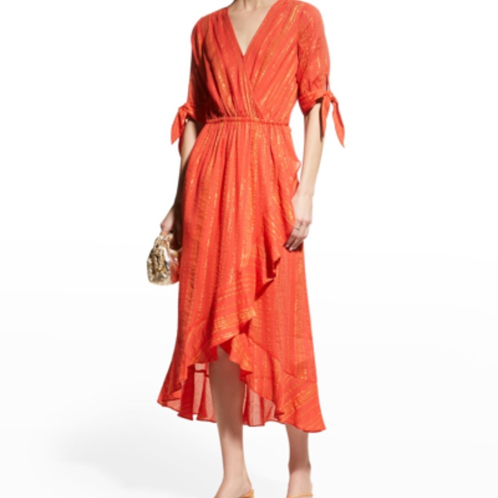 MICHAEL MICHAEL KORS Metallic Crepe Ruffled Wrap Dress Sangria Orange & Gold S